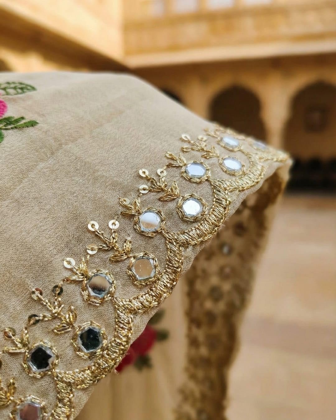Handcrafted Floral Embroidered Saree with Contrast Blouse - Image 6