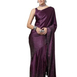 SIRIL Women's Satin Silk Hot Fixing Stone Work Saree with Unstitched Blouse