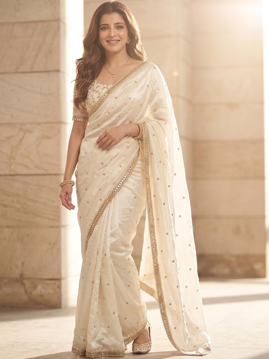 Space Sattin Multi Sequence Full Worked Saree With Original Mirror Lace & Havey Sequence Full Worked Unstitched Blouse Piece - Image 4