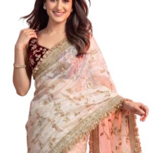 'Women's Space Sattin Bits Sequence Work Saree With Contrast Running Blouse | Embroidered Work Saree with Golden Floral Thread Work & Designer Border | Party Wedding Saree