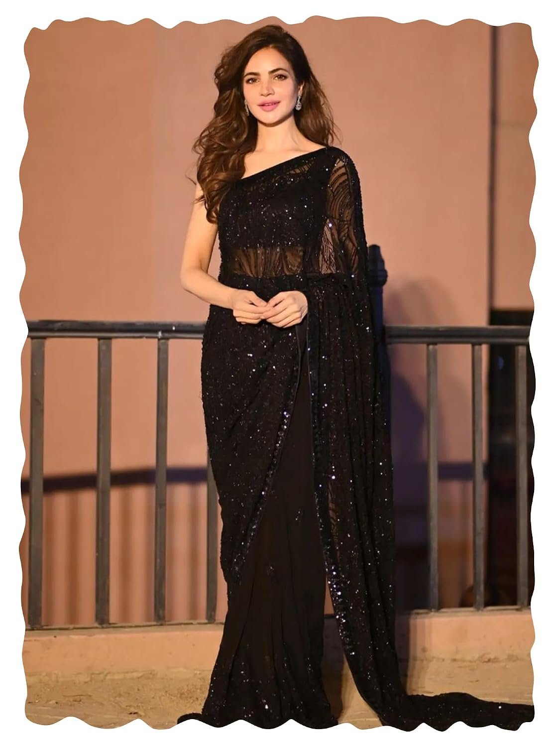 AKHILAM Women's Heavy Georgette Sequence Work Saree With Unstitched Blouse Piece
