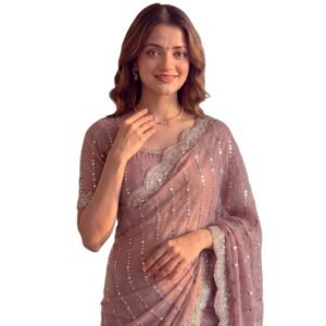 HESVI Women's Sequin Embroidered Saree with Scalloped Border, Unstitched Blouse Piece