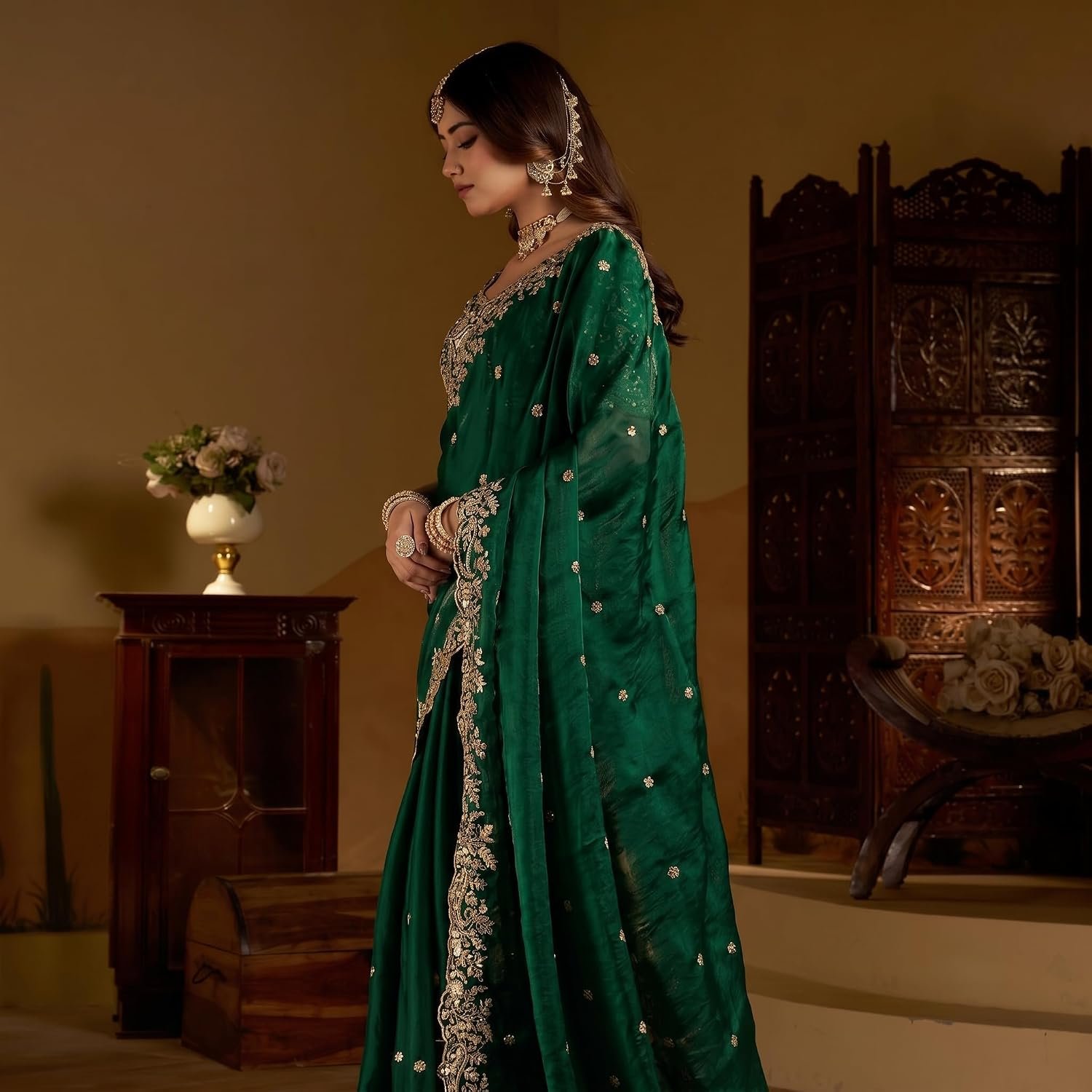 Women's Emerald Space Silk Saree with Heavy Embroidery Work & Unstitched Blouse Piece | Designer, Wedding, Festive & Traditional Ethnic Saree (5.5m Saree + 0.8m Blouse) - Image 7