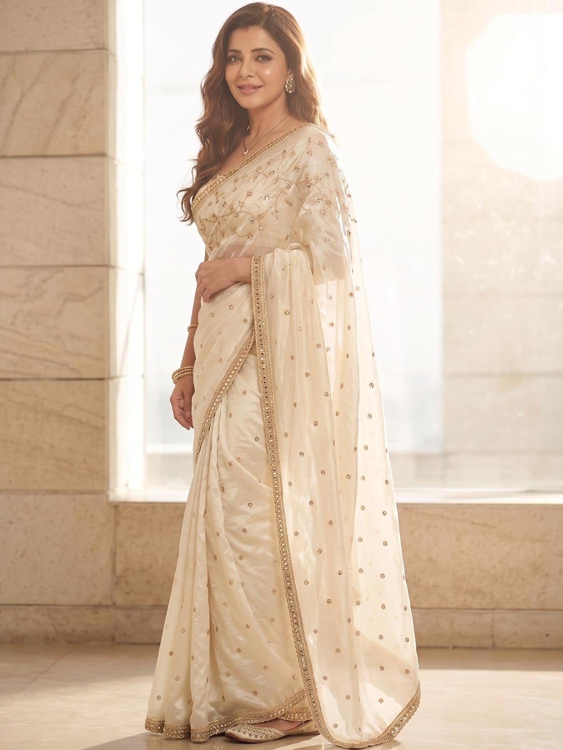 Space Sattin Multi Sequence Full Worked Saree With Original Mirror Lace & Havey Sequence Full Worked Unstitched Blouse Piece - Image 8