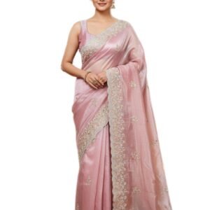 Glory Sarees Women’s Organza Chiffon Embroidery Work Scallop Border Saree With Blouse Piece (Chiffon101_Parent)