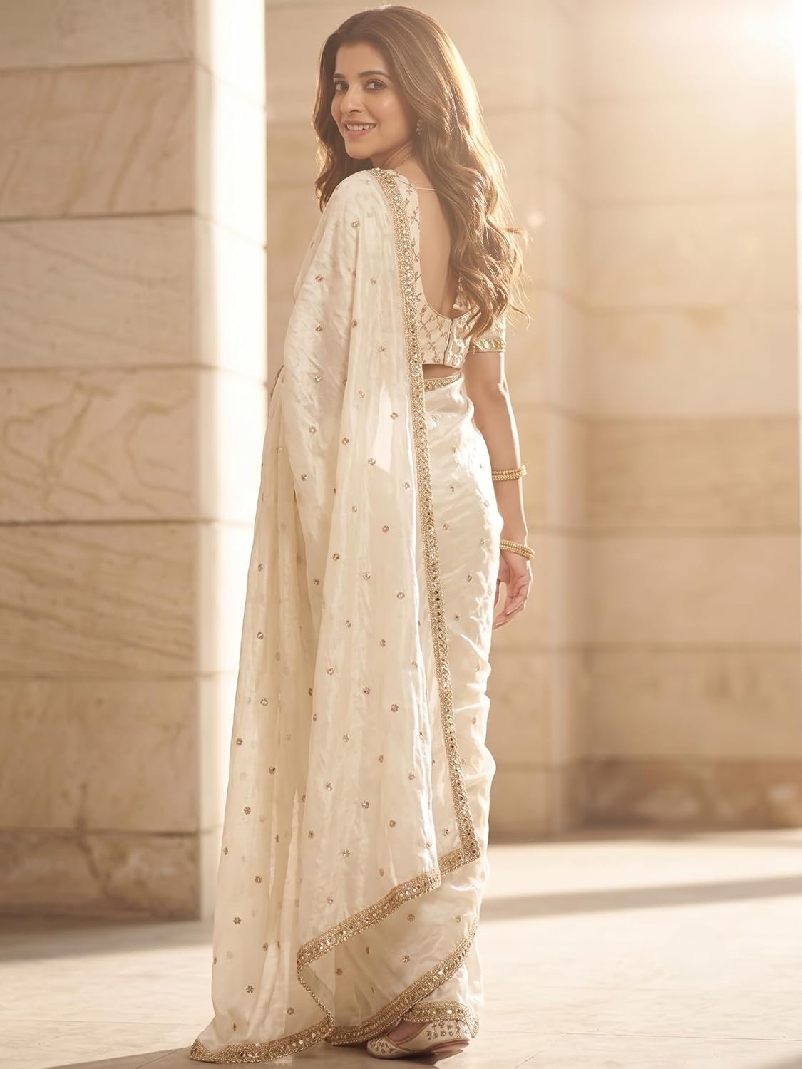Space Sattin Multi Sequence Full Worked Saree With Original Mirror Lace & Havey Sequence Full Worked Unstitched Blouse Piece - Image 3