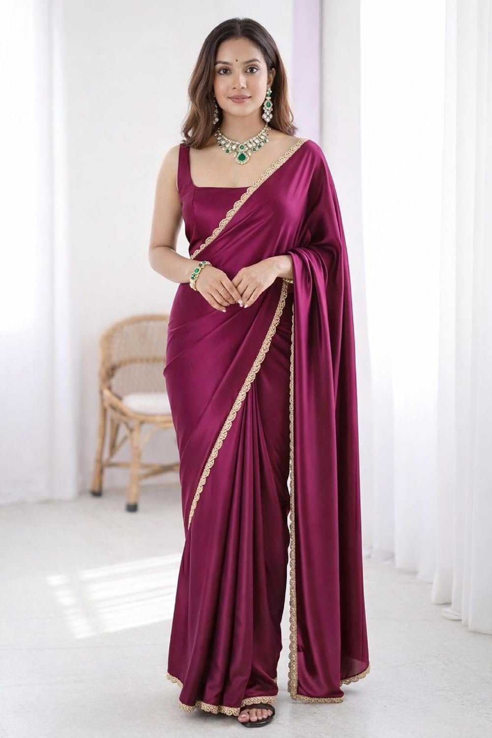 SATAZ Women's Ready To Wear Pink Satin Silk One Minute Readymade Stitched Saree Scalloped Border With Unstitched Blouse - Image 2