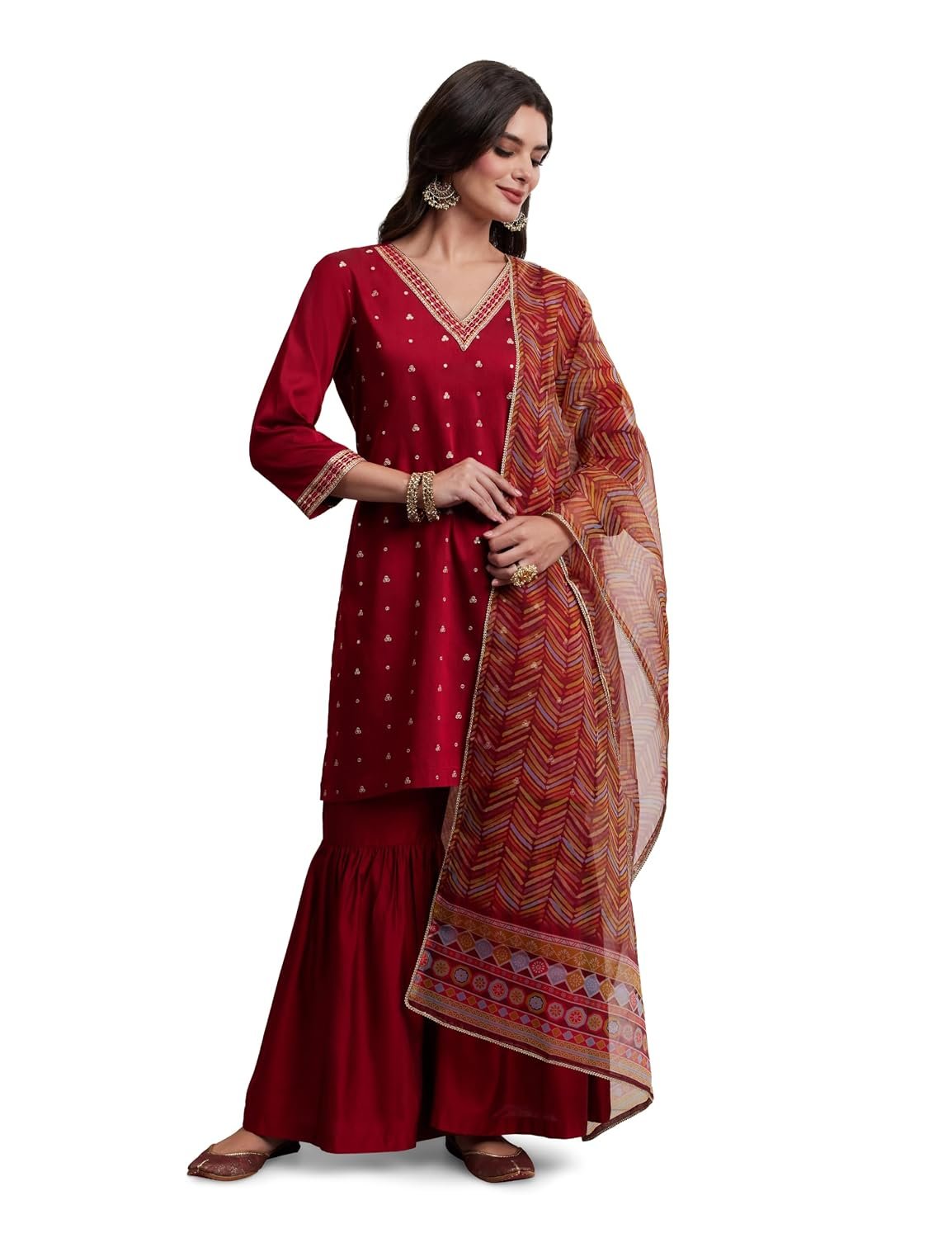 Amazon Brand - Myx Women's Straight Kurta Set with Sharara Pant | Printed Dupatta | Sharara Suit Set with Dupatta (Available in Plus Sizes)