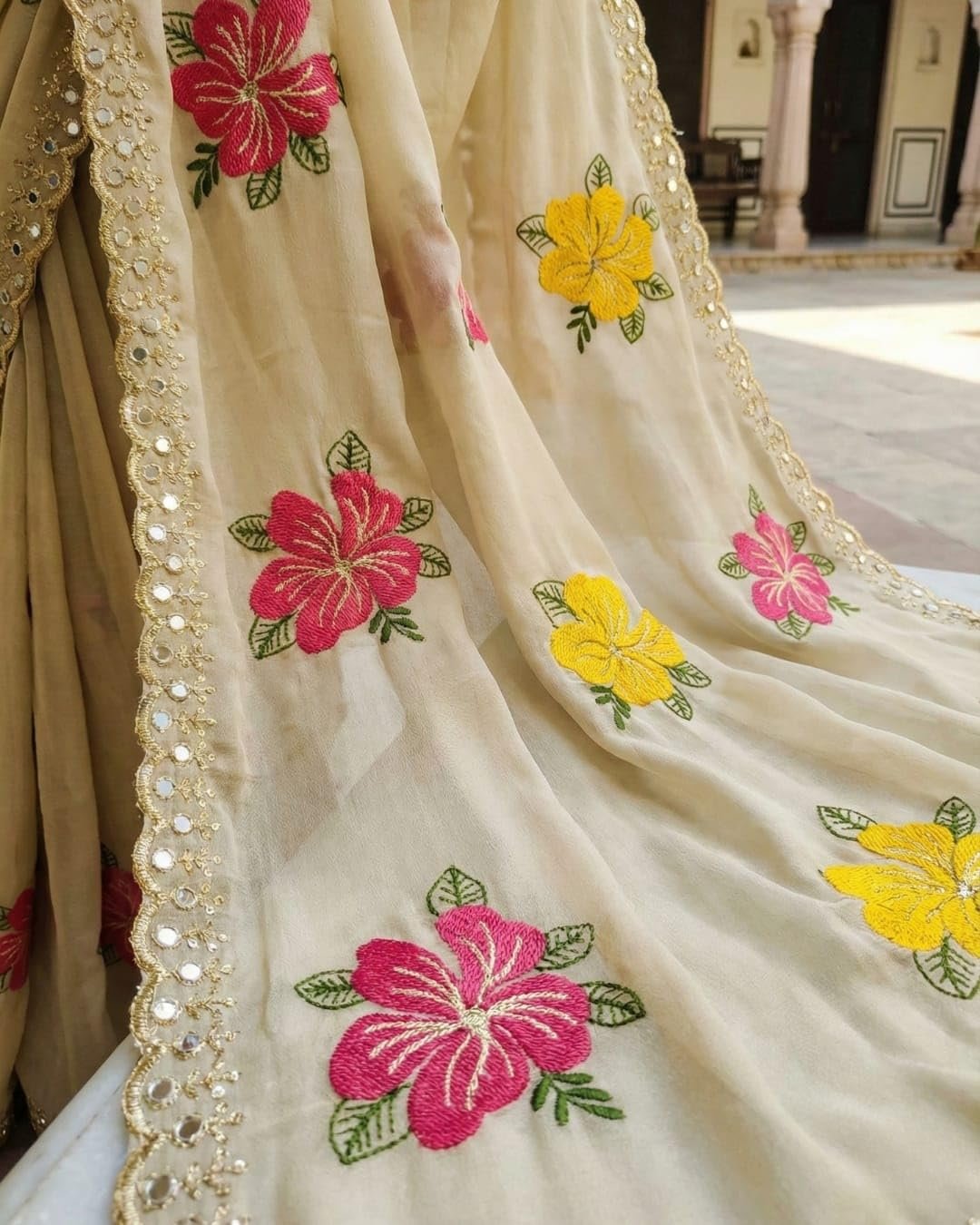 Handcrafted Floral Embroidered Saree with Contrast Blouse - Image 4