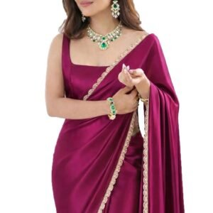 SATAZ Women's Ready To Wear Pink Satin Silk One Minute Readymade Stitched Saree Scalloped Border With Unstitched Blouse