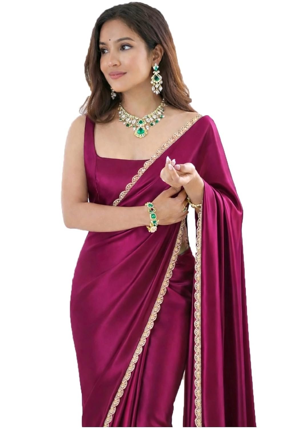 SATAZ Women's Ready To Wear Pink Satin Silk One Minute Readymade Stitched Saree Scalloped Border With Unstitched Blouse