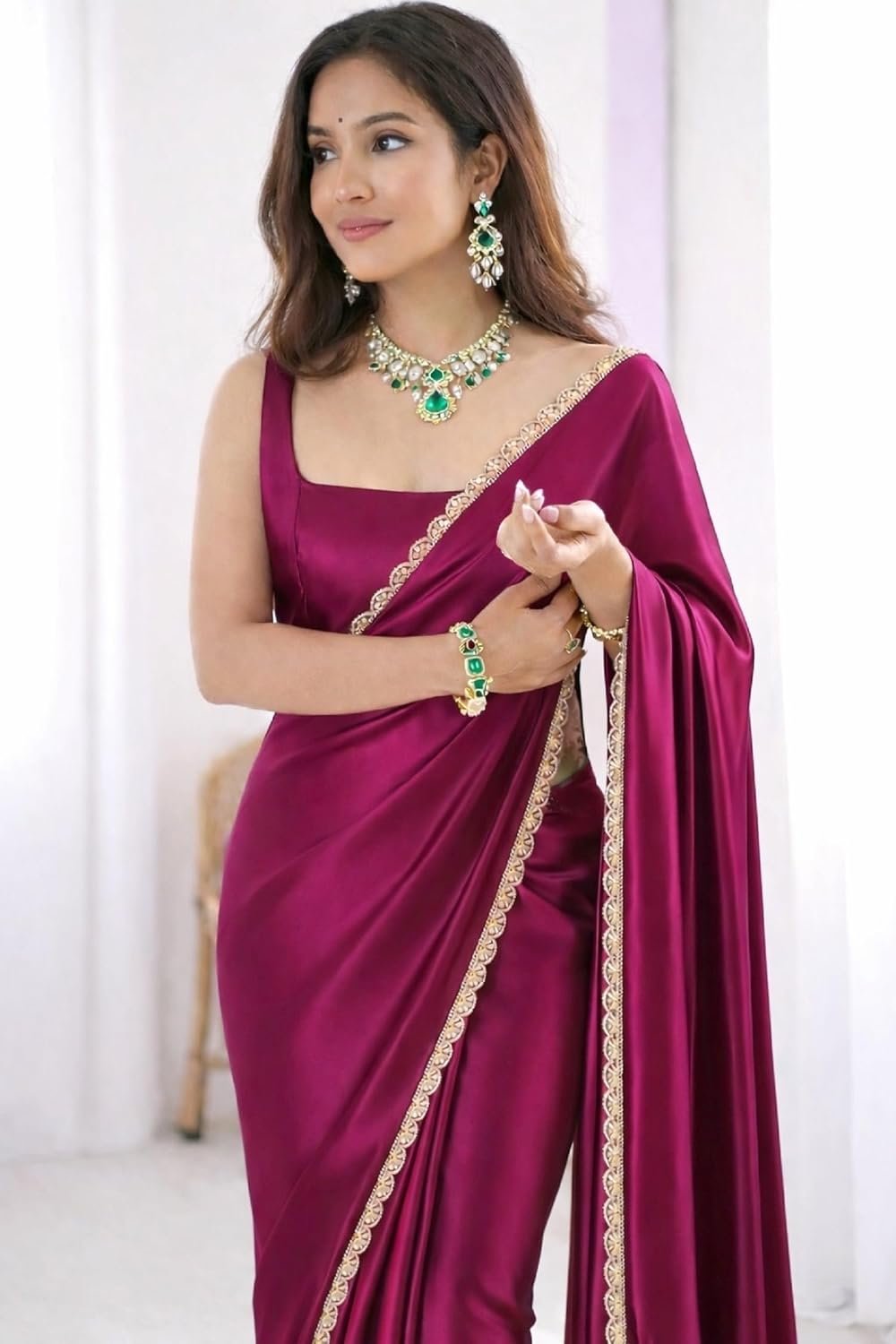 SATAZ Women's Ready To Wear Pink Satin Silk One Minute Readymade Stitched Saree Scalloped Border With Unstitched Blouse - Image 3