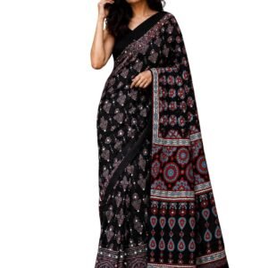 Ajrakh Modal Silk Saree for Women | Mirror Work Black Saree | Gajji Silk Red Pallu Tassels | Designer Sarees for Women Party | Ajrakh Print Saree | Modal Silk Sarees Original