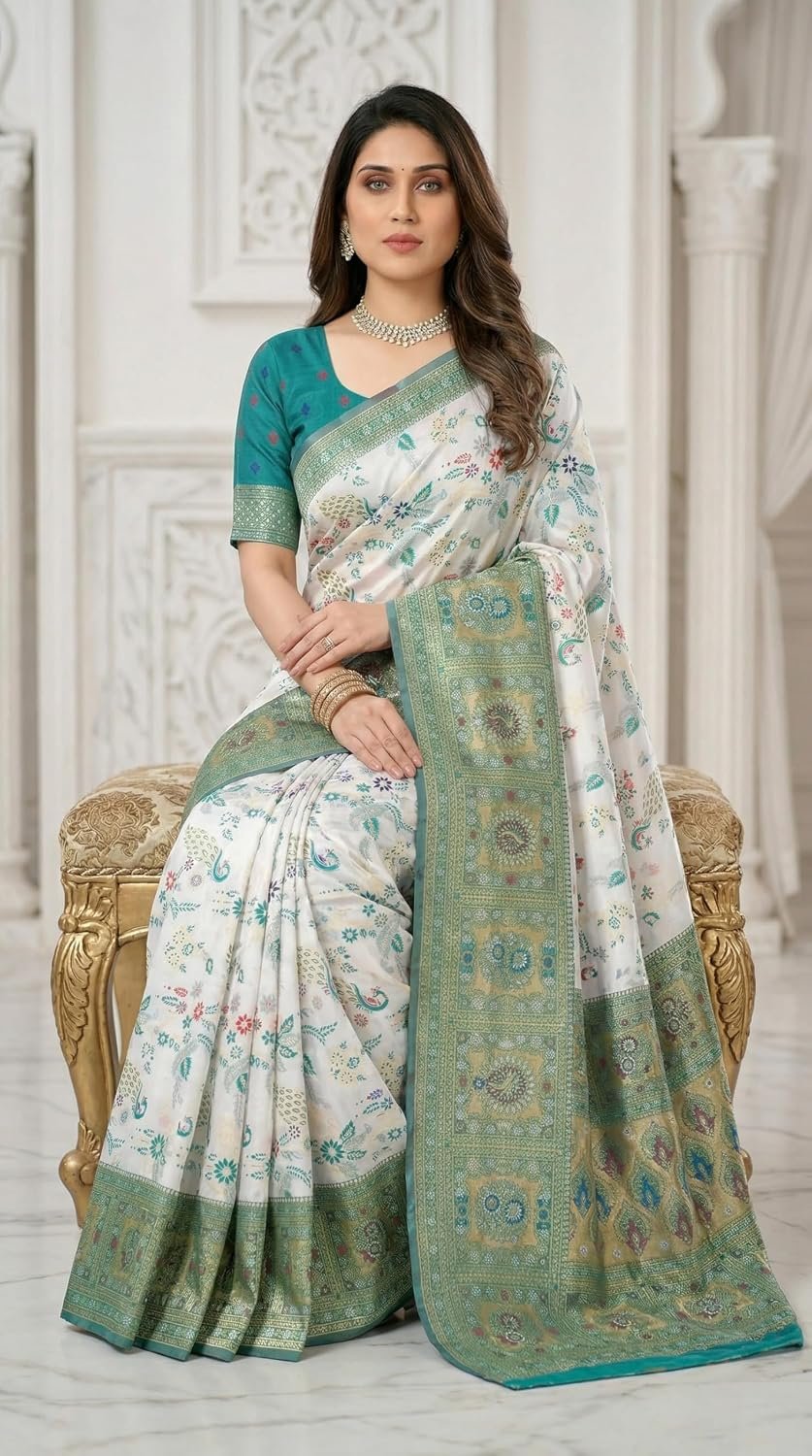 C J Enterprise Women's Kanjivaram Style Soft Silk Saree Heavy Zari Woven Traditional Wedding Saree with Blouse Piece (Morpankh) - Image 4