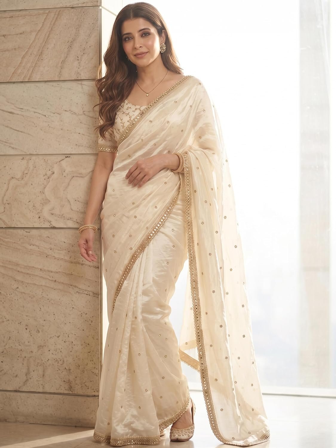 Space Sattin Multi Sequence Full Worked Saree With Original Mirror Lace & Havey Sequence Full Worked Unstitched Blouse Piece - Image 9