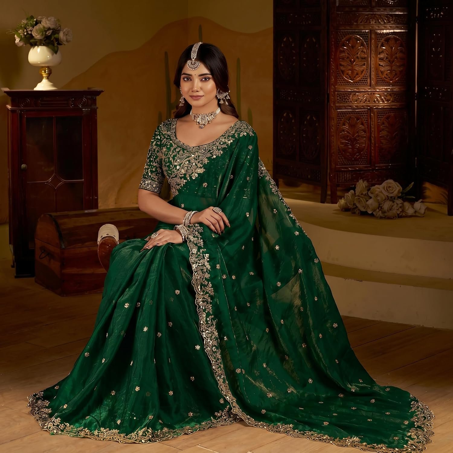 Women's Emerald Space Silk Saree with Heavy Embroidery Work & Unstitched Blouse Piece | Designer, Wedding, Festive & Traditional Ethnic Saree (5.5m Saree + 0.8m Blouse) - Image 4
