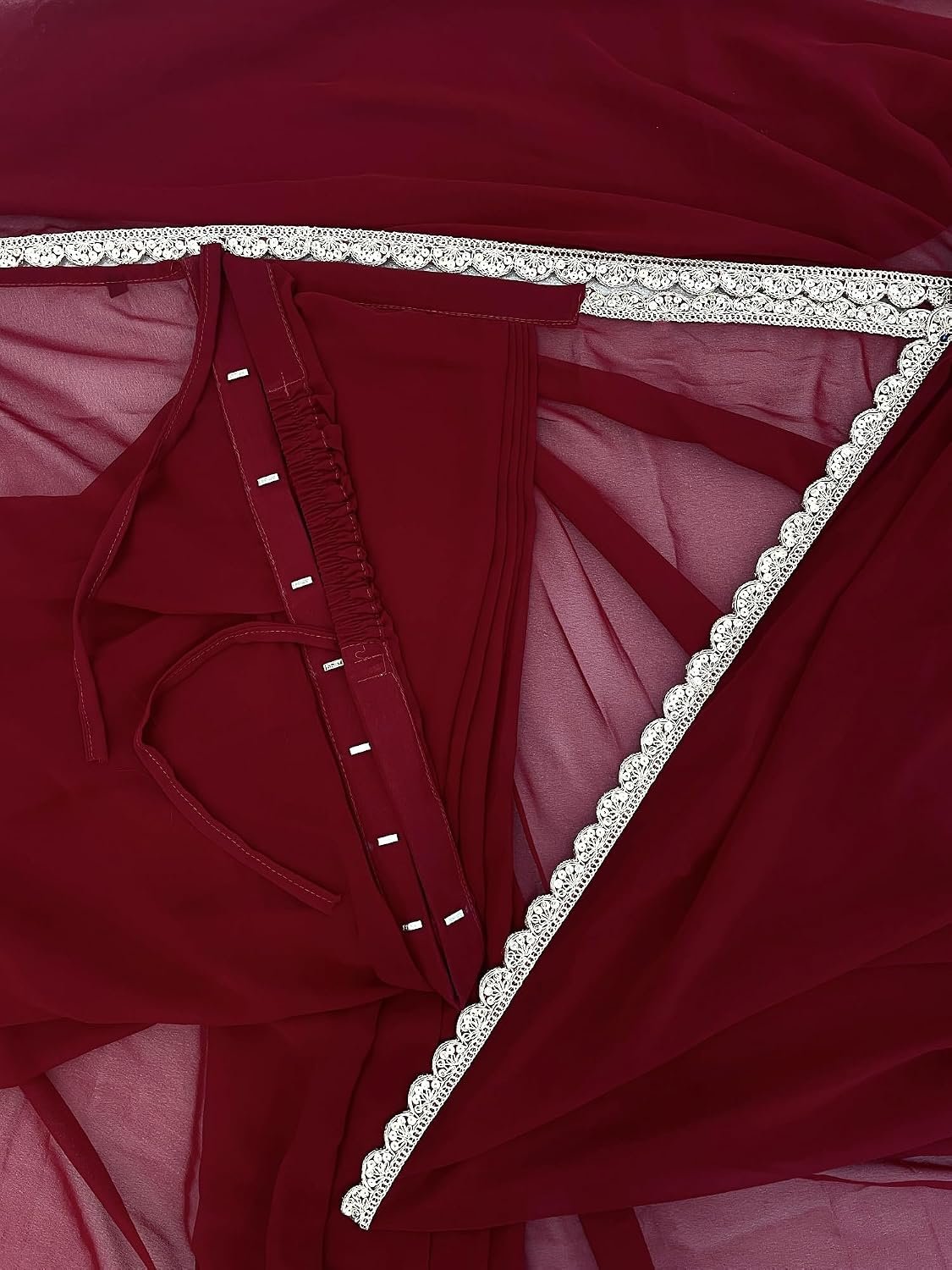 SHOPAZ Ready To Wear Saree For Women Maroon Red Georgette Readymade Stitched Scalloped Border With Unstitched Blouse - Image 3