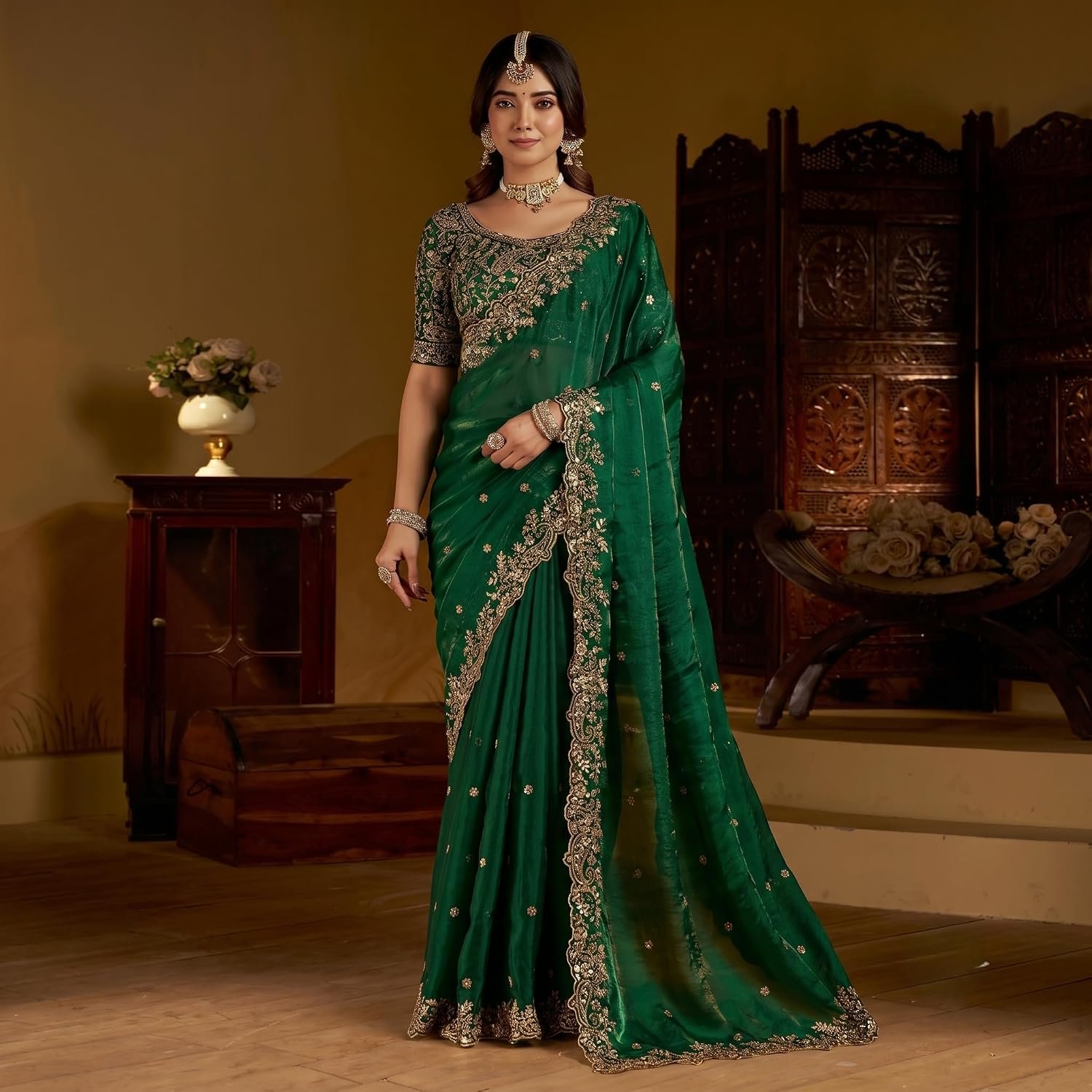 Women's Emerald Space Silk Saree with Heavy Embroidery Work & Unstitched Blouse Piece | Designer, Wedding, Festive & Traditional Ethnic Saree (5.5m Saree + 0.8m Blouse) - Image 2