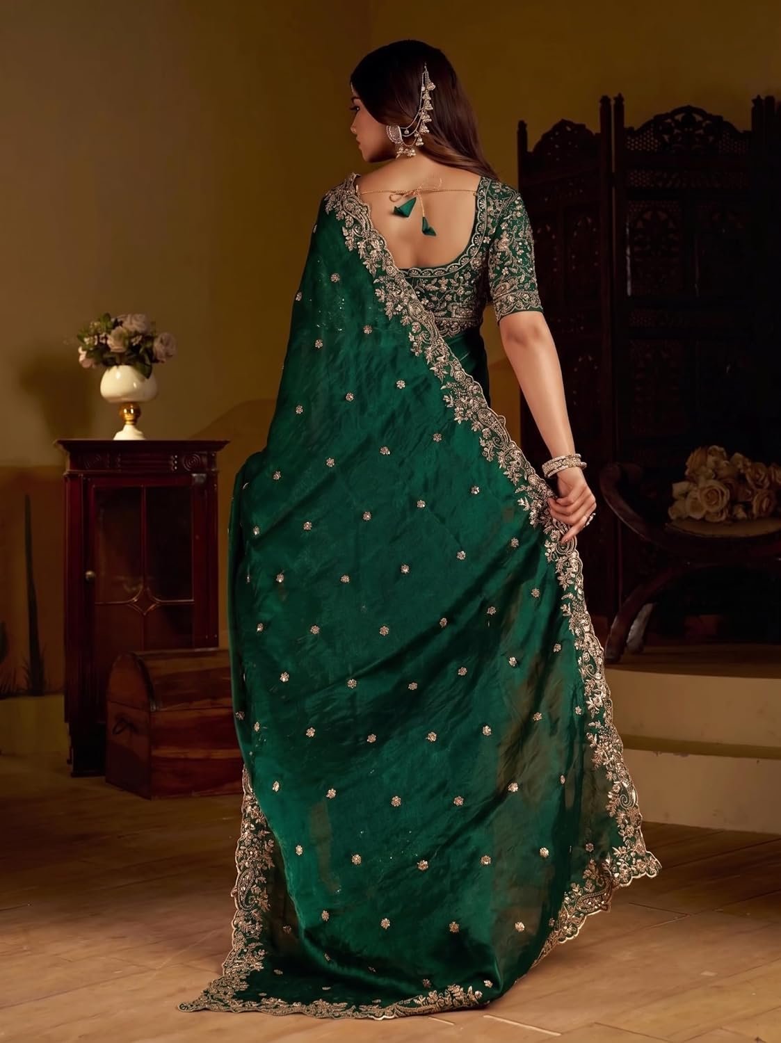Women's Emerald Space Silk Saree with Heavy Embroidery Work & Unstitched Blouse Piece | Designer, Wedding, Festive & Traditional Ethnic Saree (5.5m Saree + 0.8m Blouse) - Image 5