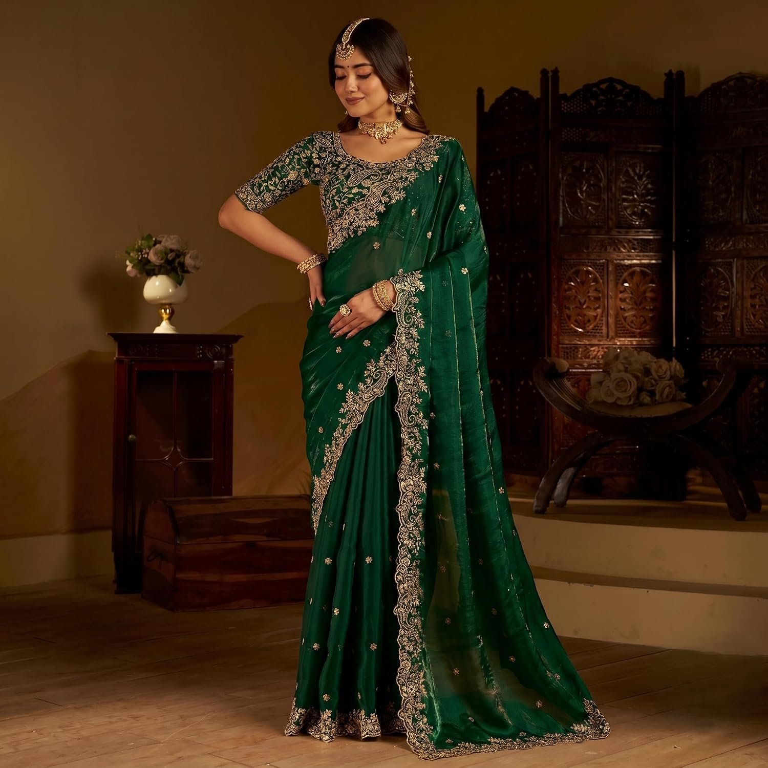 Women's Emerald Space Silk Saree with Heavy Embroidery Work & Unstitched Blouse Piece | Designer, Wedding, Festive & Traditional Ethnic Saree (5.5m Saree + 0.8m Blouse) - Image 6