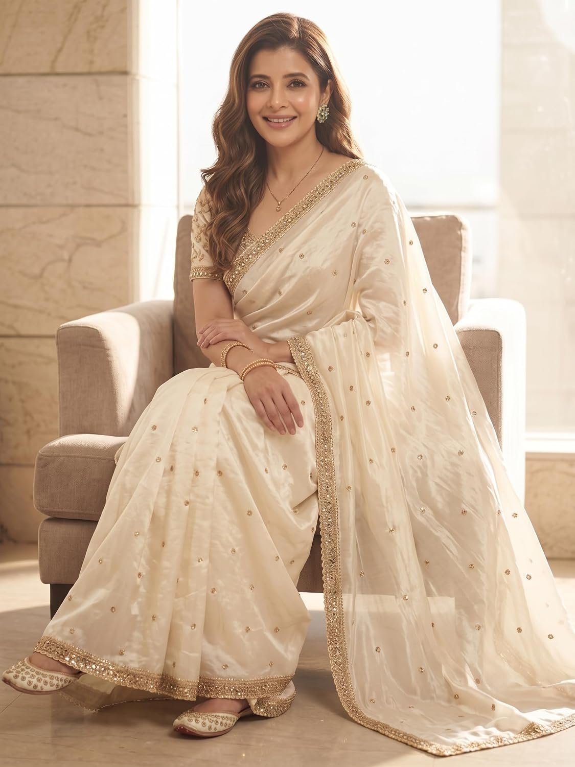 Space Sattin Multi Sequence Full Worked Saree With Original Mirror Lace & Havey Sequence Full Worked Unstitched Blouse Piece - Image 2