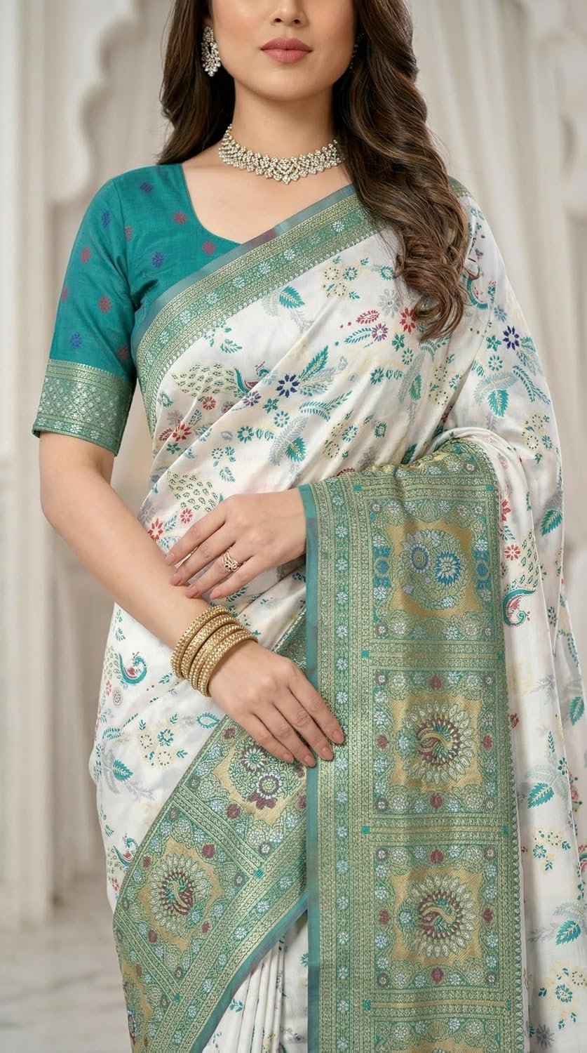 C J Enterprise Women's Kanjivaram Style Soft Silk Saree Heavy Zari Woven Traditional Wedding Saree with Blouse Piece (Morpankh) - Image 5
