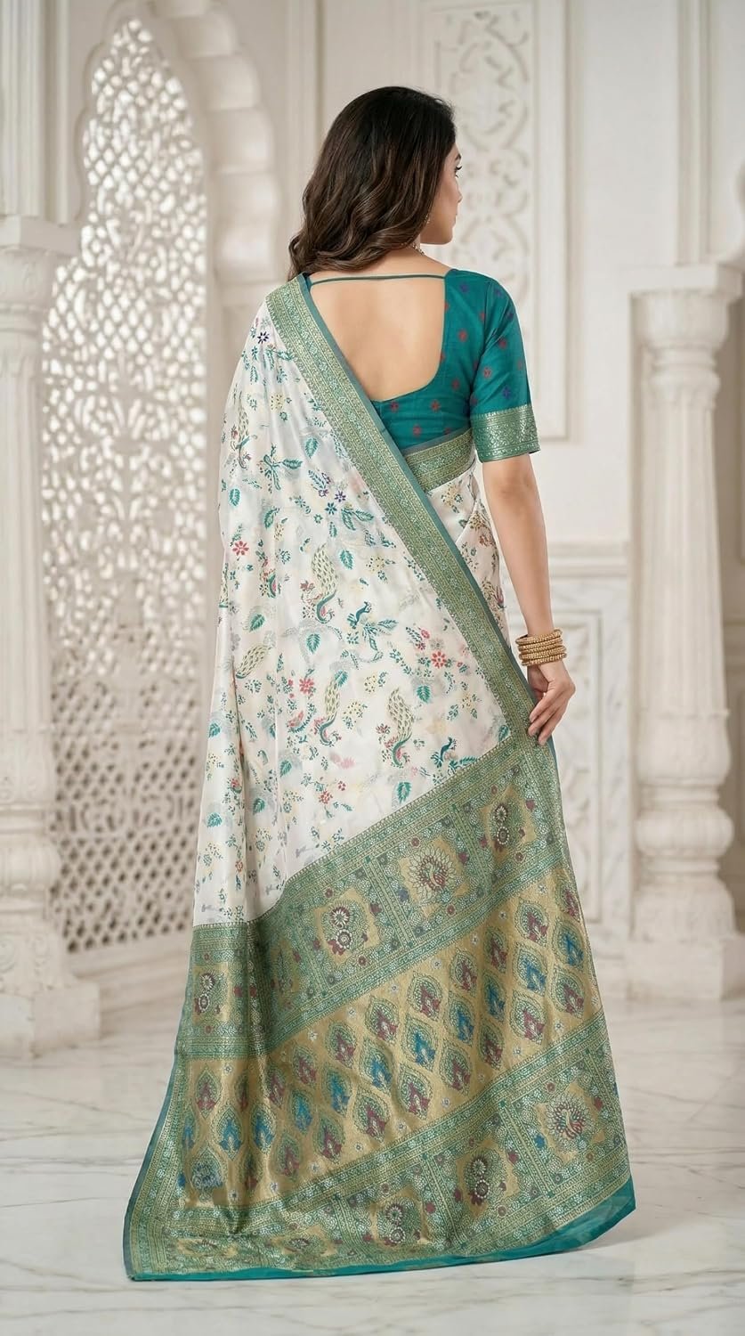 C J Enterprise Women's Kanjivaram Style Soft Silk Saree Heavy Zari Woven Traditional Wedding Saree with Blouse Piece (Morpankh) - Image 3
