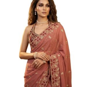 Embroidered Georgette Saree for Women with Designer Blouse Piece | Soft Lightweight Fabric with Floral Thread Work Border | Traditional Saree for Festive, Wedding & Daily Wear