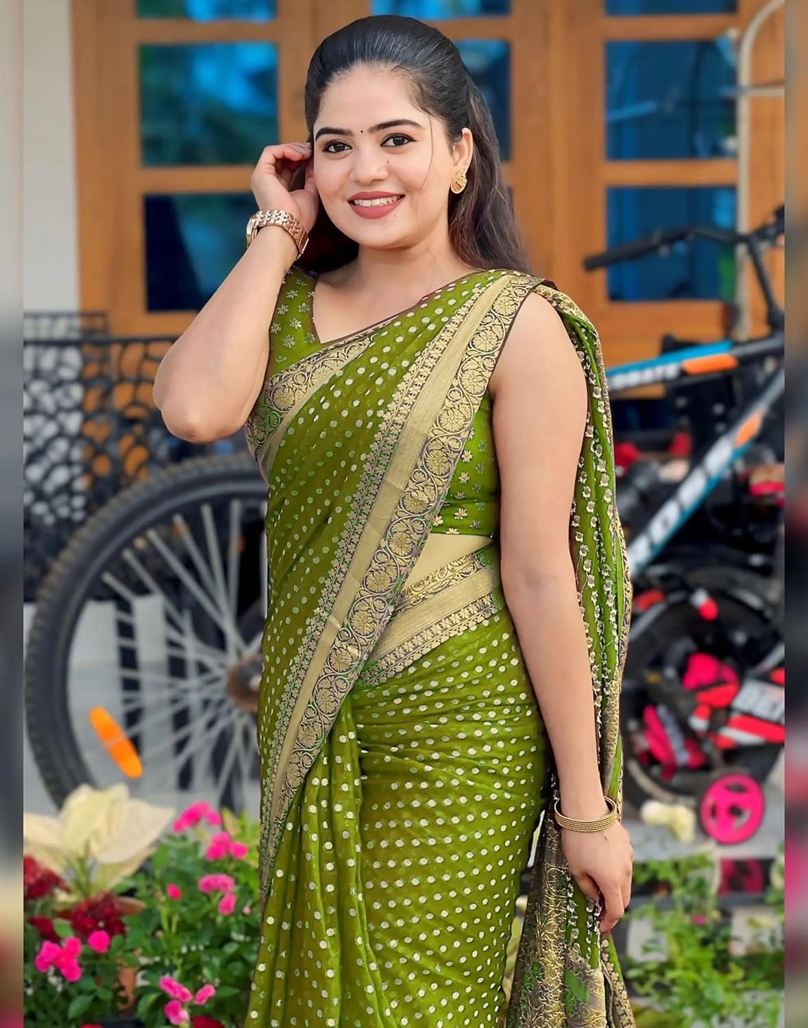 Shasmi Women's Mehndi Printed, Embroidered, Embellished Bandhani Georgette Party Sari collections With Blouse Piece for Wedding sadi (PARI-236) - Image 4