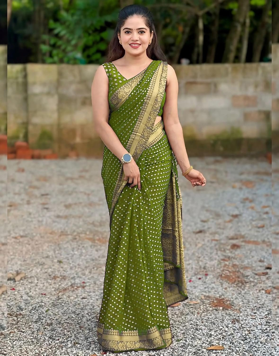 Shasmi Women's Mehndi Printed, Embroidered, Embellished Bandhani Georgette Party Sari collections With Blouse Piece for Wedding sadi (PARI-236) - Image 7