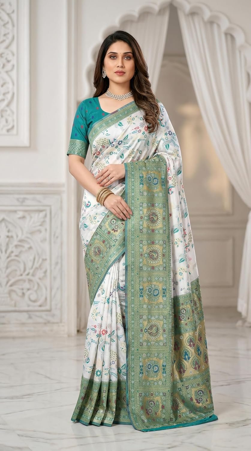 C J Enterprise Women's Kanjivaram Style Soft Silk Saree Heavy Zari Woven Traditional Wedding Saree with Blouse Piece (Morpankh) - Image 2