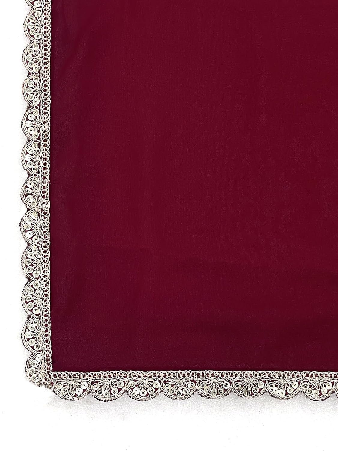SHOPAZ Ready To Wear Saree For Women Maroon Red Georgette Readymade Stitched Scalloped Border With Unstitched Blouse - Image 4