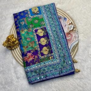 Women's Designer Chinon Silk Trending Saree with Kalamkari Print, Mirror Work & Hand Embroidery with Blouse Piece