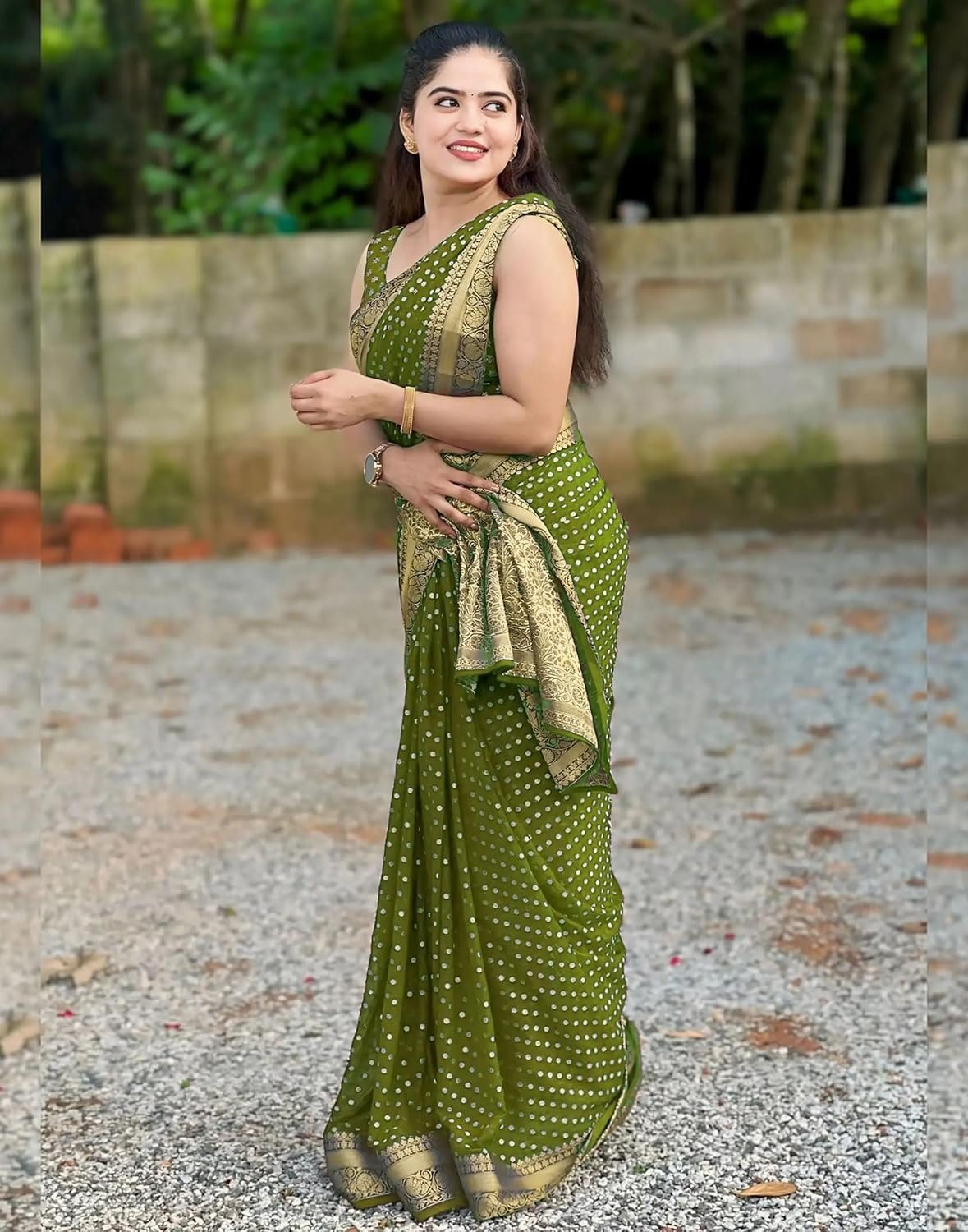 Shasmi Women's Mehndi Printed, Embroidered, Embellished Bandhani Georgette Party Sari collections With Blouse Piece for Wedding sadi (PARI-236) - Image 2