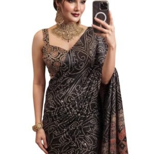 Pure Ajrakh Satin Viscose Silk Saree for Women with Designer Bandhani Print, Rich Pallu, Original Mirror Work All Over Saree, Heavy Designer OG Mirror Lace, Unstitched Blouse Piece