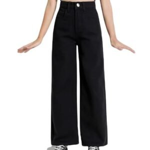 Women's Cotton Lycra Solid Mid Rise Black Wide Leg Jeans for Women