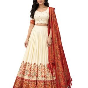 Women’s Festive Tussar Silk Lehenga Set with Dupatta | Semi-Stitched Flared Ghagra and Printed Blouse | Designer Indian Ethnic Dress for Wedding, Celebrations