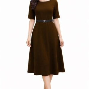 Women’s Elegant Midi Dress with Belt | Half Sleeve Fit & Flare Casual Dress | Knee Length Office Party Western Dress for Women