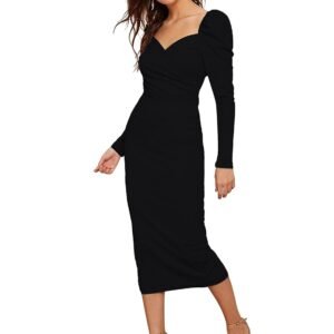 rosery paris Women One Piece Puff Sleeve, Sweatheart Neck, Long Sleeve Casual Formal Cocktail Midi Black Bodycon Dress for Women