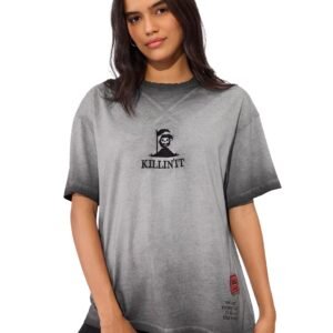 The Souled Store Killing It Women and Girls Short Sleeves Round Neck Grey Washed Cotton Oversized T-Shirts
