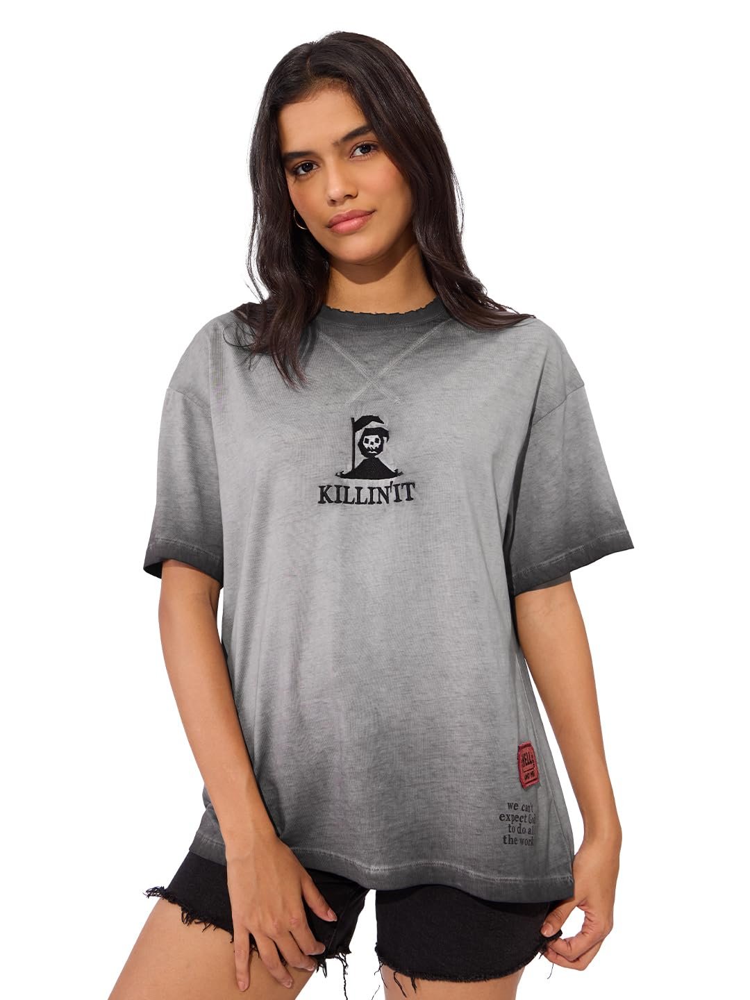 The Souled Store Killing It Women and Girls Short Sleeves Round Neck Grey Washed Cotton Oversized T-Shirts