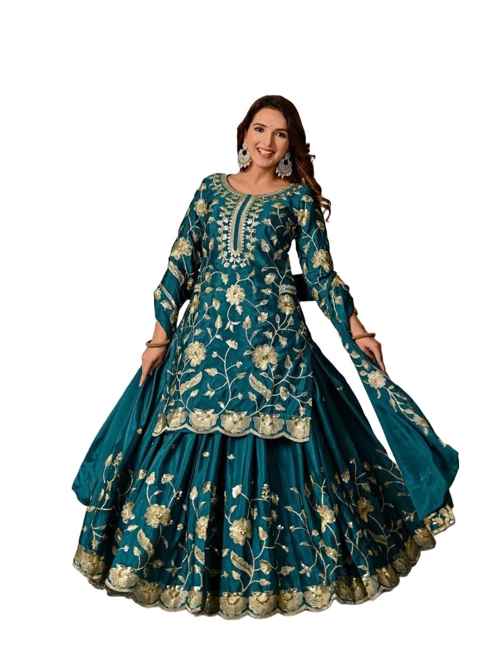 Women's Designer Embroidered Sharara Suit Set with Heavy Work Top Flared Palazzo and Dupatta for Festive Ethnic Wear