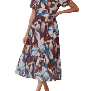 Simplee Womens Summer Boho Floral Midi Dress Casual Beach Wedding Guest Chiffon A Line Belted Long Flowy Holiday Dresses 2026