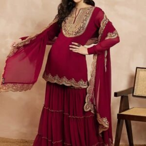Durwa Wondermart Women Georgette Embroidery Work Full Sleeve Round Neck Top with Sharara and Embroidered Dupatta Set