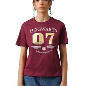 Free Authority Official Harry Potter Hogwarts: The Golden Snitch Graphic Half Sleeves Round Neck Printed Regular Fit Pure Breathable Cotton Fabric Tshirt for Women