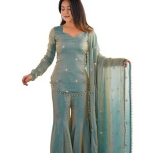 Embroidered Silk Blend Kurta Set For Women With Sharara And Dupatta