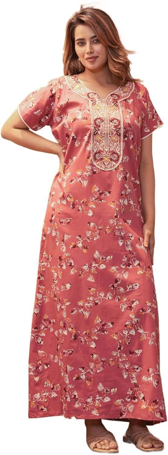 Women's Cotton Nighty with Embroidery | Free Size Soft Printed Night Dress for Daily & Lounge Wear (Z13)