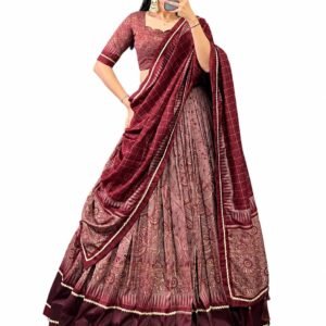 Women’s Dola Silk Lehenga Choli with Dupatta Digital Print Flared Stitched Lehenga for Navratri Wedding Traditional Ethnic Chaniya Choli for Women Muster Gold