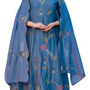GoSriKi Women's Rayon Viscose Embroidered Anarkali Kurta with Pant and Dupatta | Three Piece Ethnic Kurta Set for Women with Elegant Design