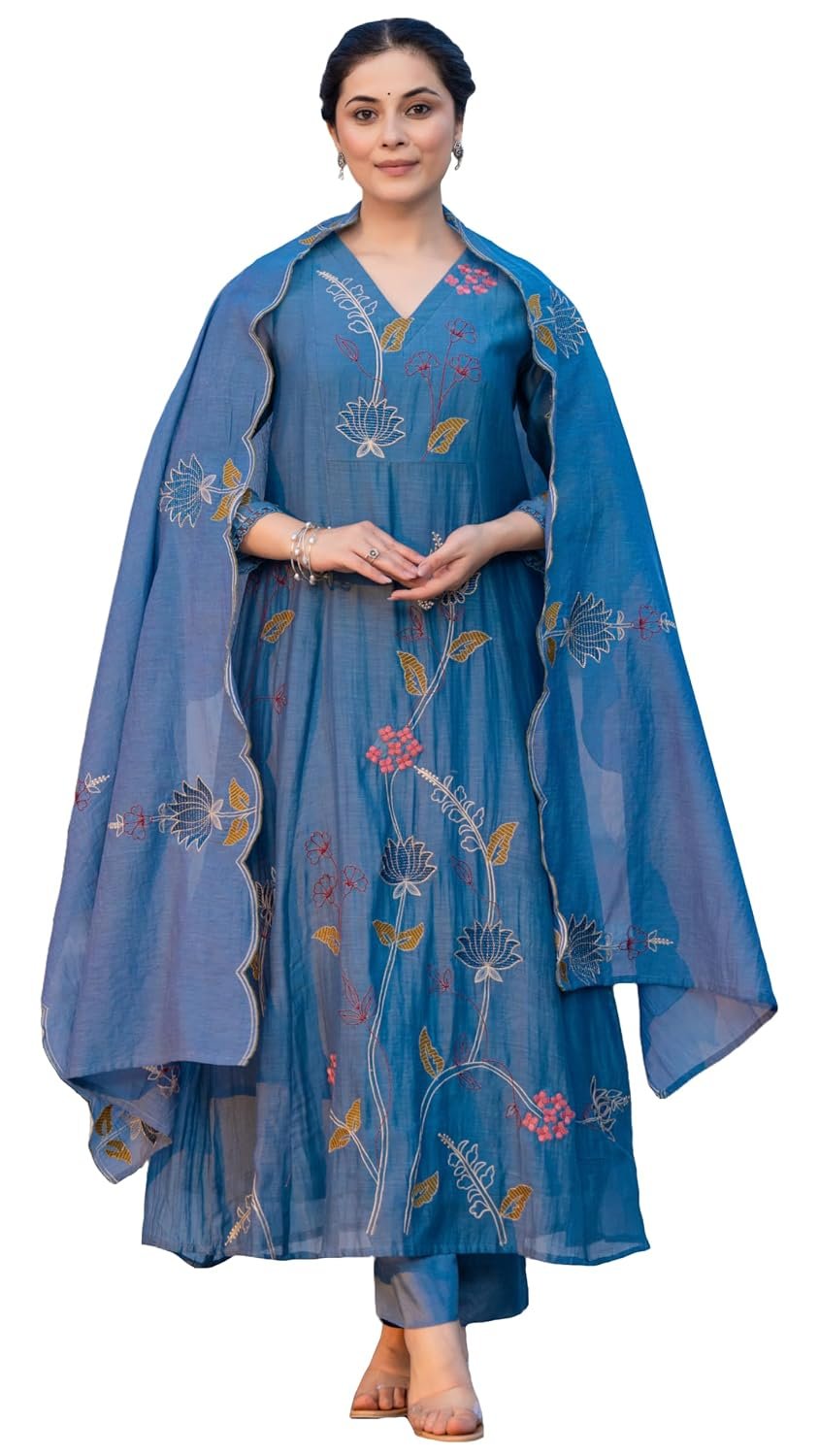 GoSriKi Women's Rayon Viscose Embroidered Anarkali Kurta with Pant and Dupatta | Three Piece Ethnic Kurta Set for Women with Elegant Design